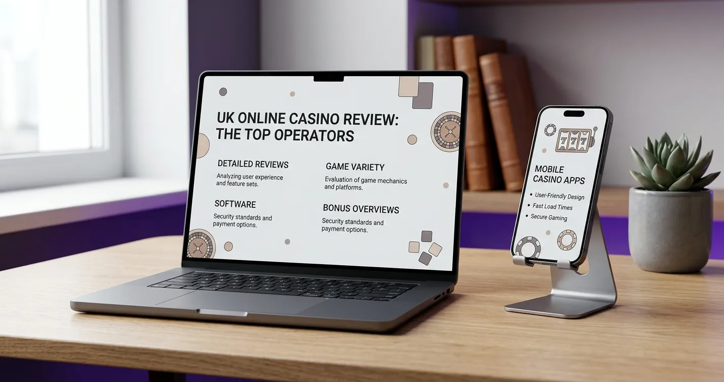 Illustration of online casino play on a laptop and phone in a British setting