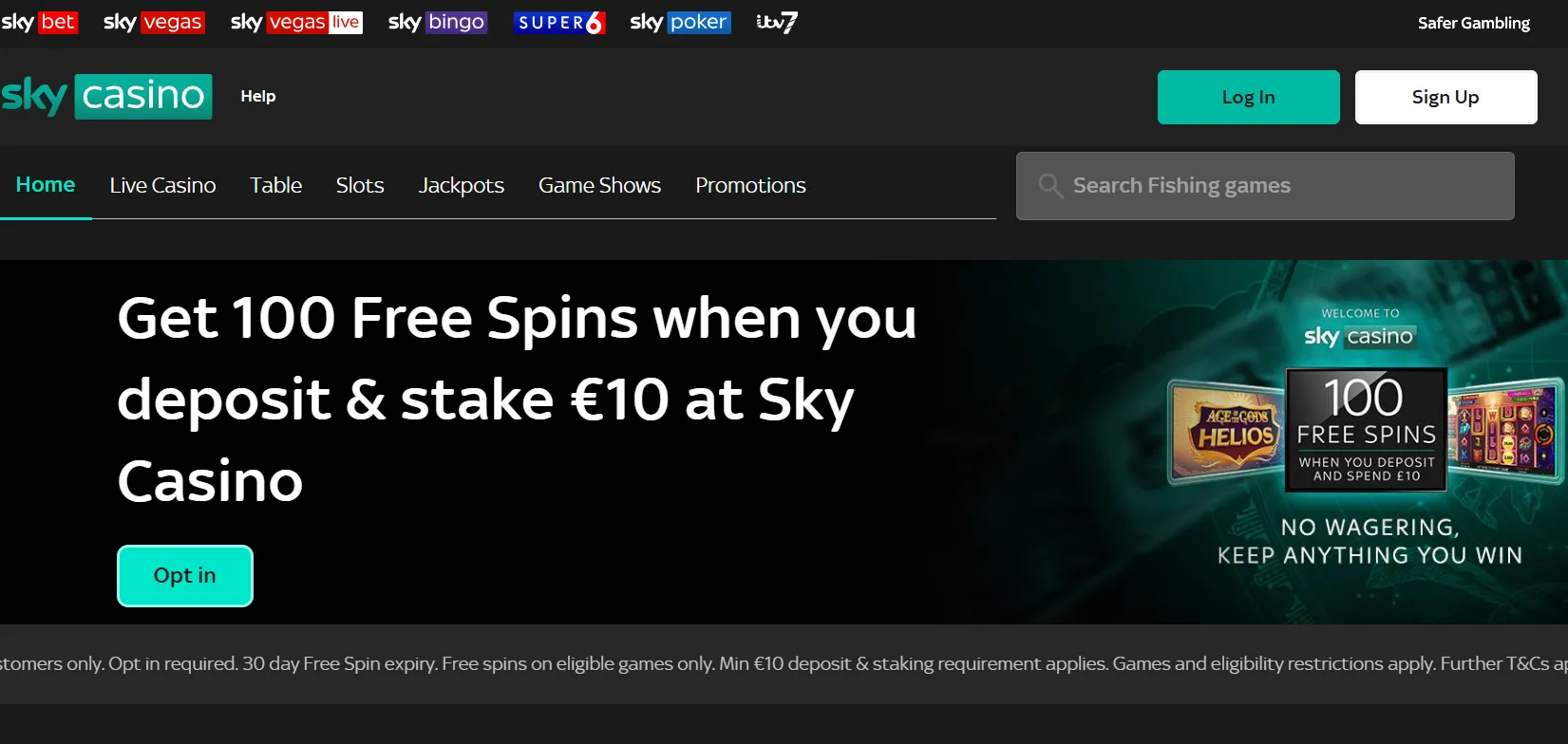 Current Sky Casino homepage showing its welcome offer area