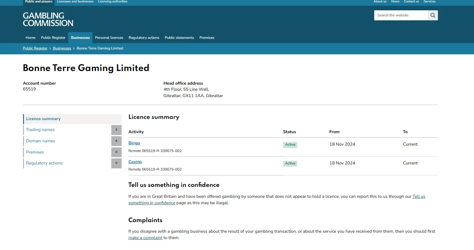 Gambling Commission register entry for Bonne Terre Gaming Limited showing the active remote casino licence