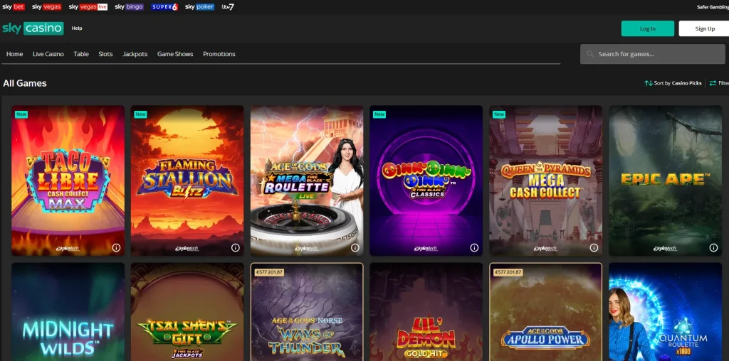 Current Sky Casino all-games lobby showing its category structure and representative game tiles