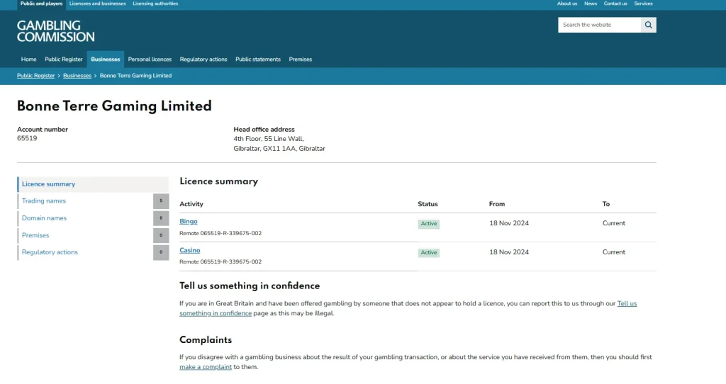Gambling Commission register entry for Bonne Terre Gaming Limited showing active Casino Remote licence activity