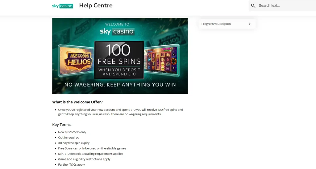 Sky Casino welcome offer support page showing the current 100 free spins promotion