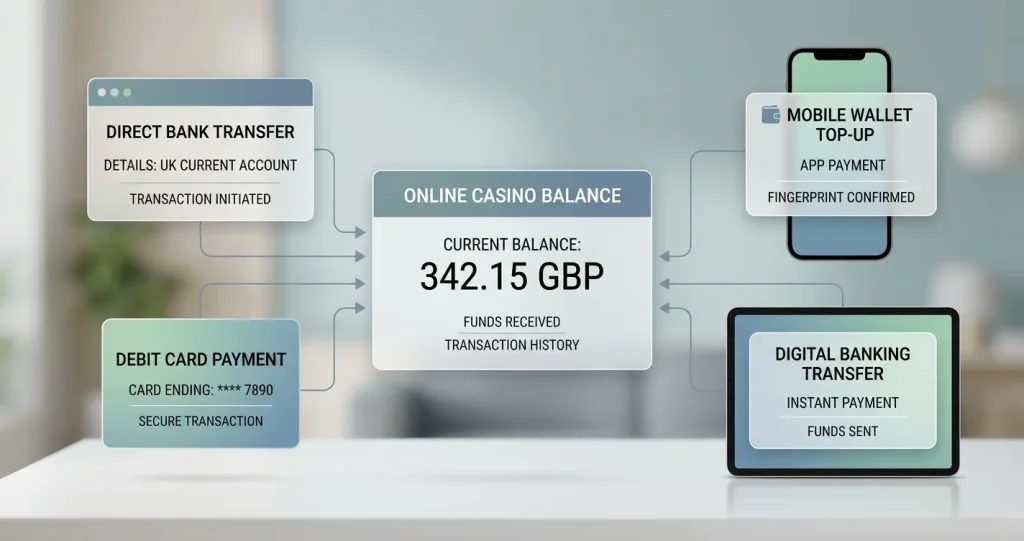Illustration of UK online casino payment routes from bank account, debit card and mobile wallet to a casino balance