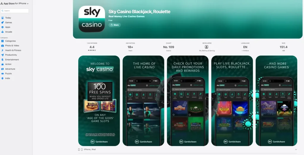 Current UK Apple App Store listing for the Sky Casino app