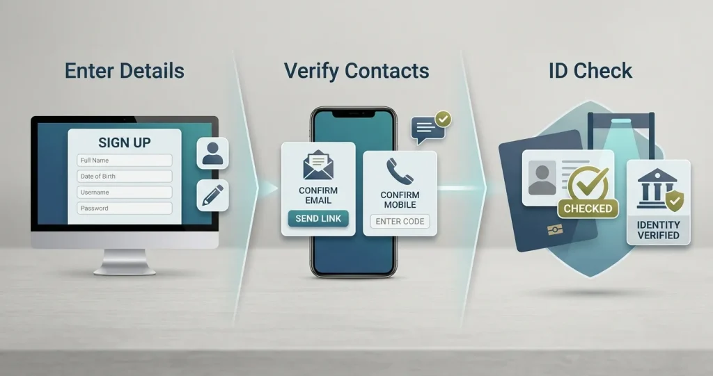 Neutral account registration illustration showing profile details, contact verification and identity checks