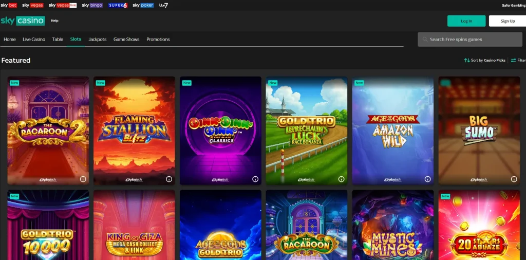 Current Sky Casino slots lobby showing category navigation and representative slot tiles