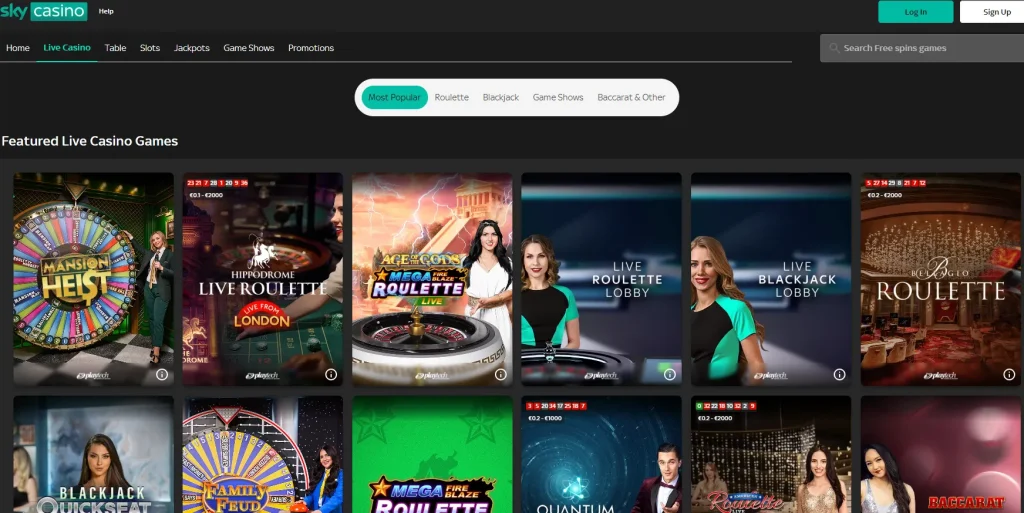 Current Sky Casino Live lobby showing roulette, blackjack and game-show categories