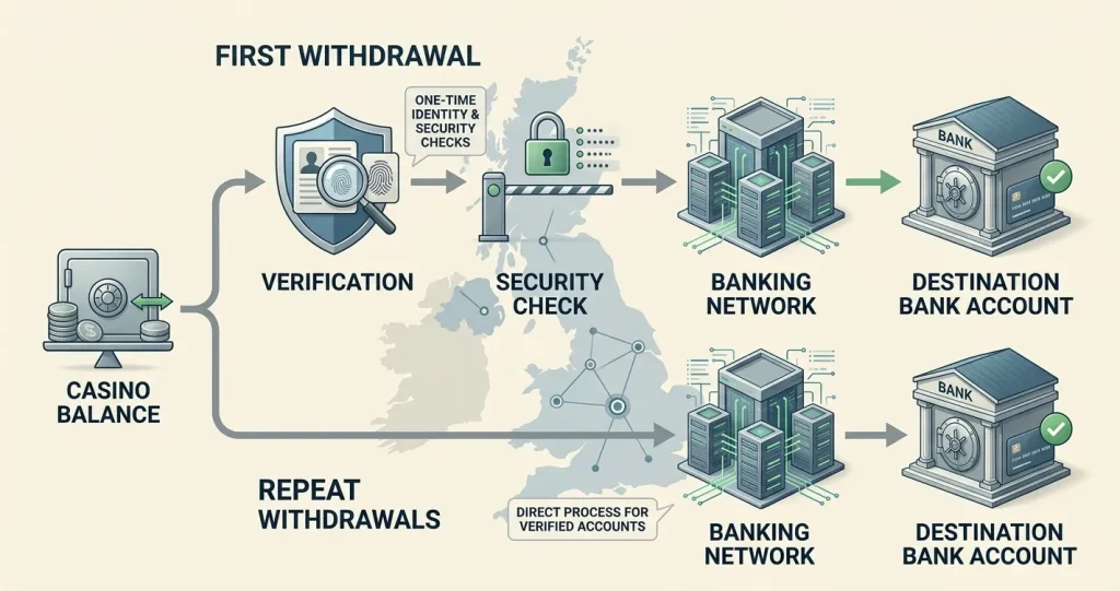 Withdrawal timeline showing first-use and repeat bank withdrawal stages with a verification checkpoint